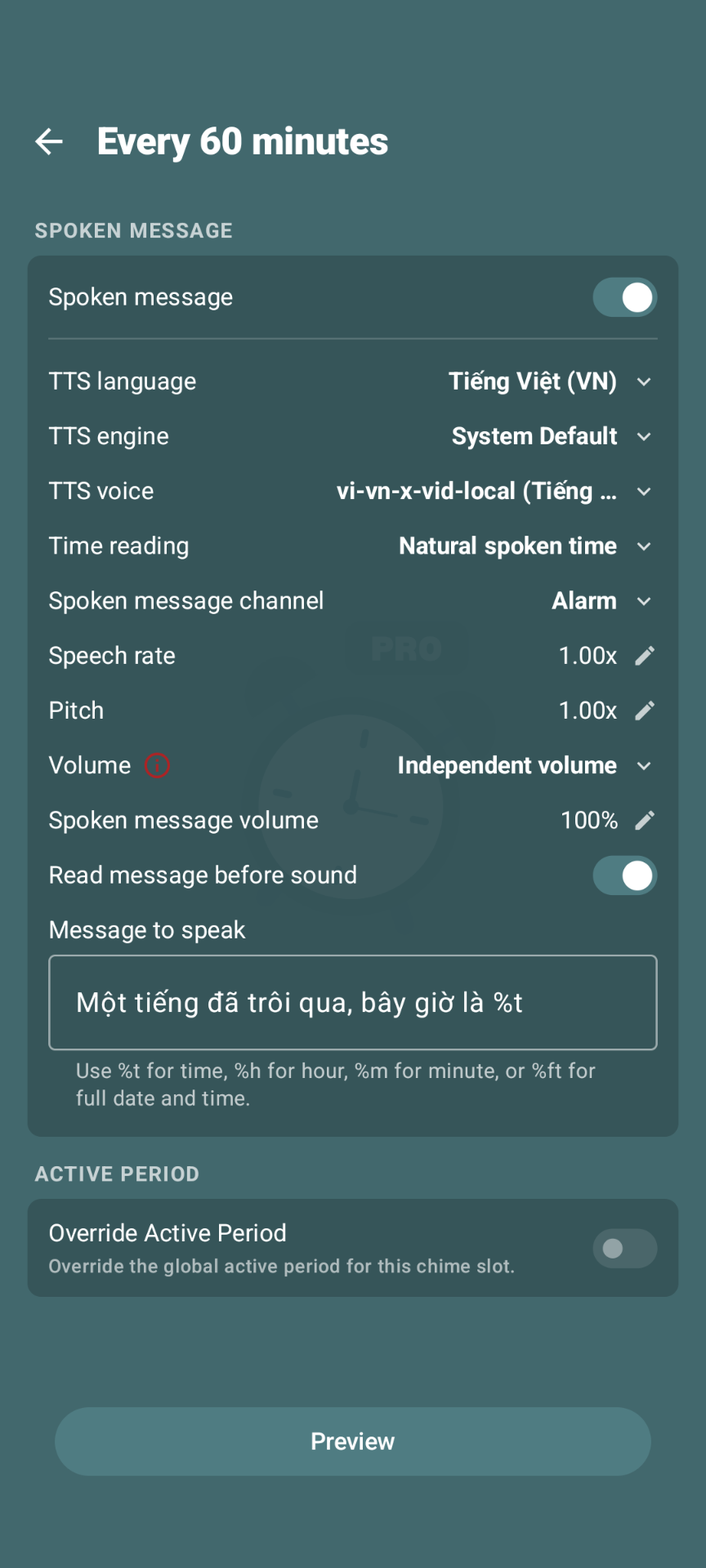 Pantalla de configuración de TTS