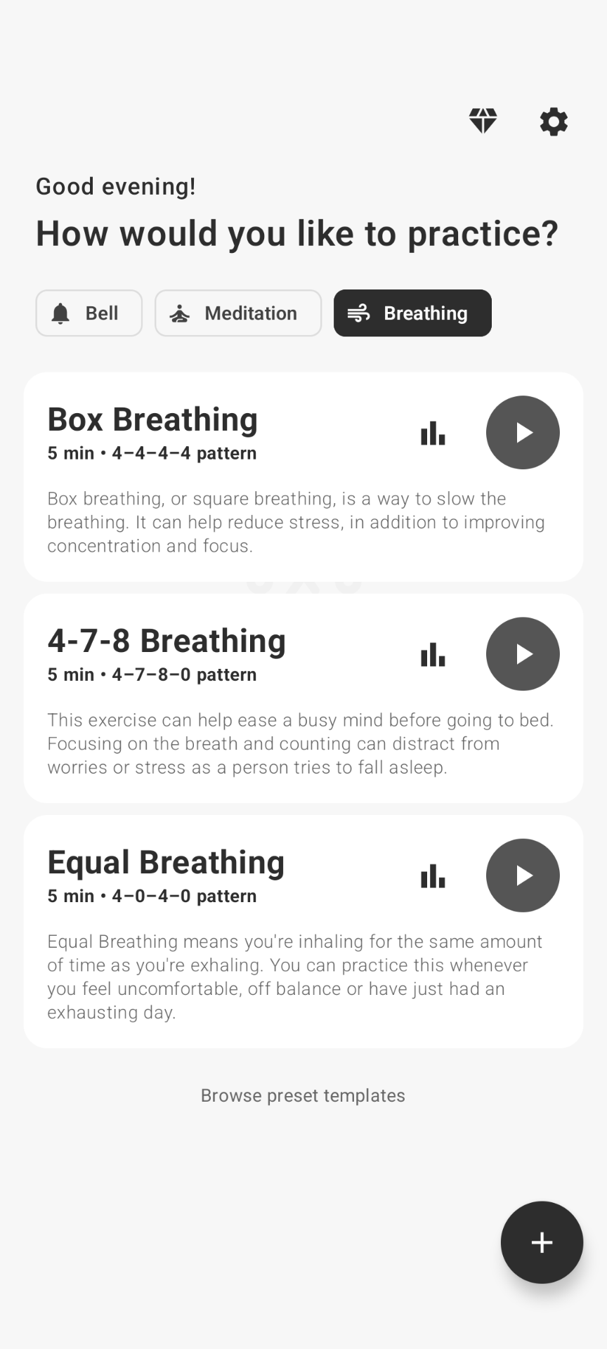 Box, 4-7-8, and Equal Breathing practices