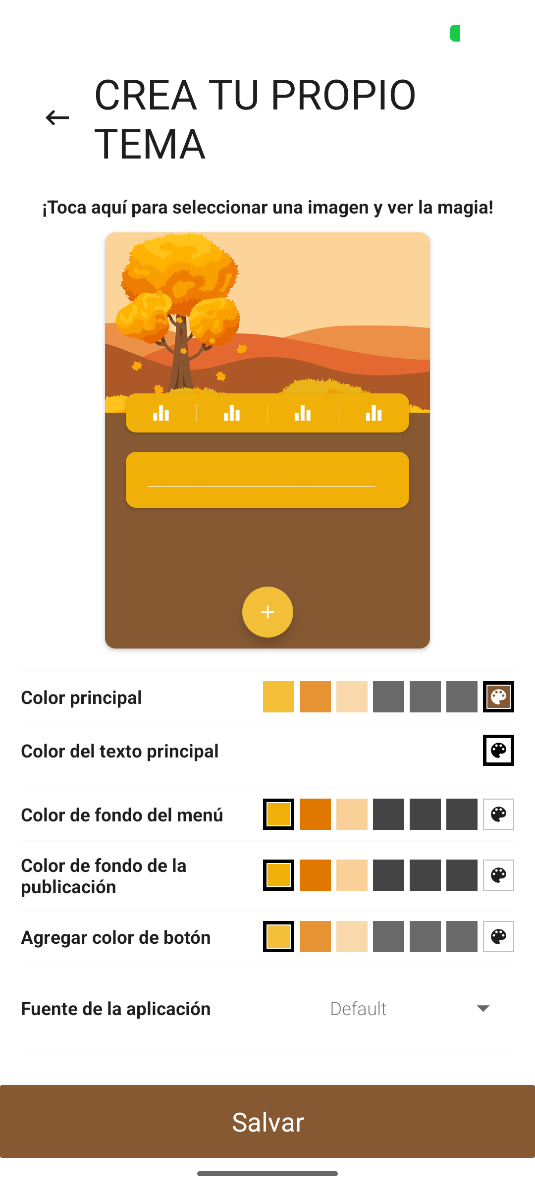 Pantalla para crear tu propio tema