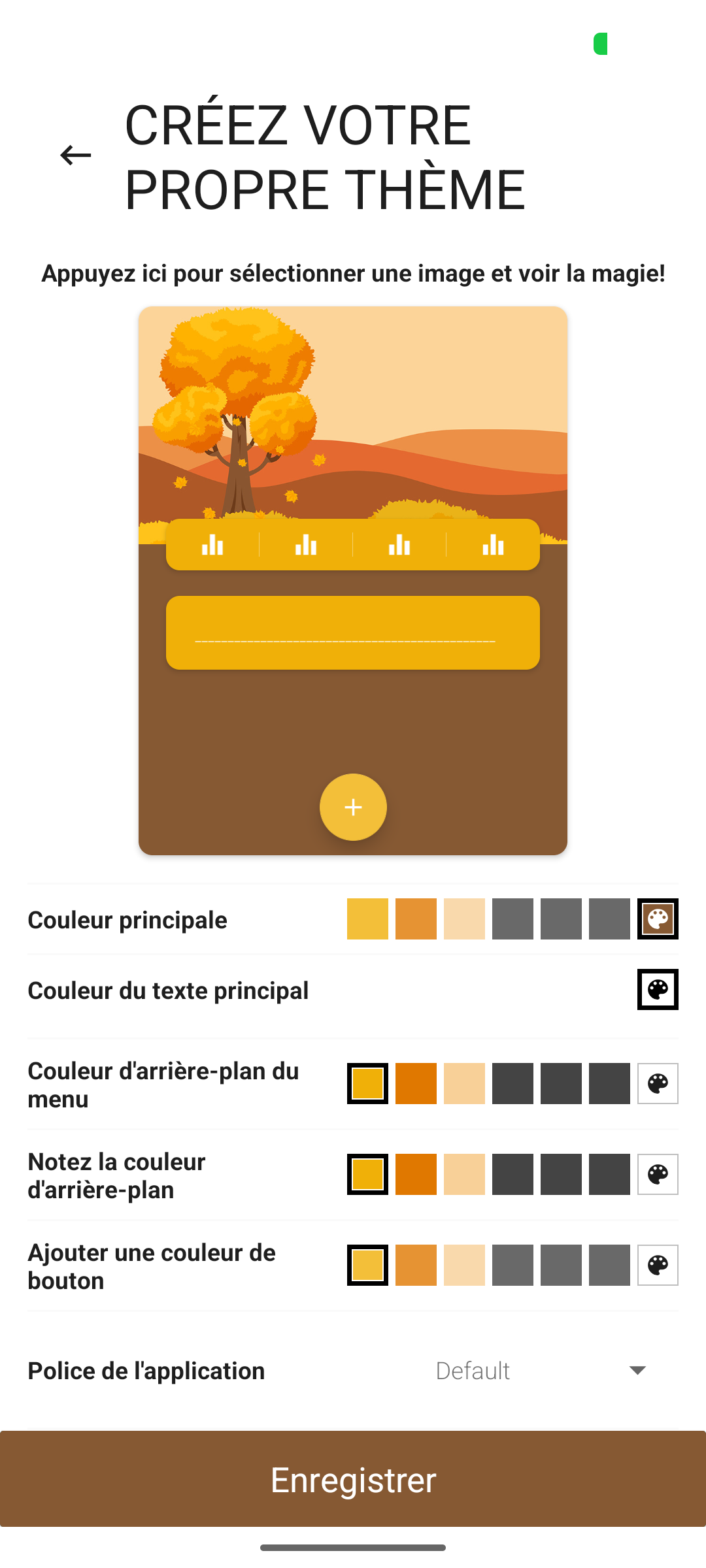 Écran de création d’un thème personnalisé