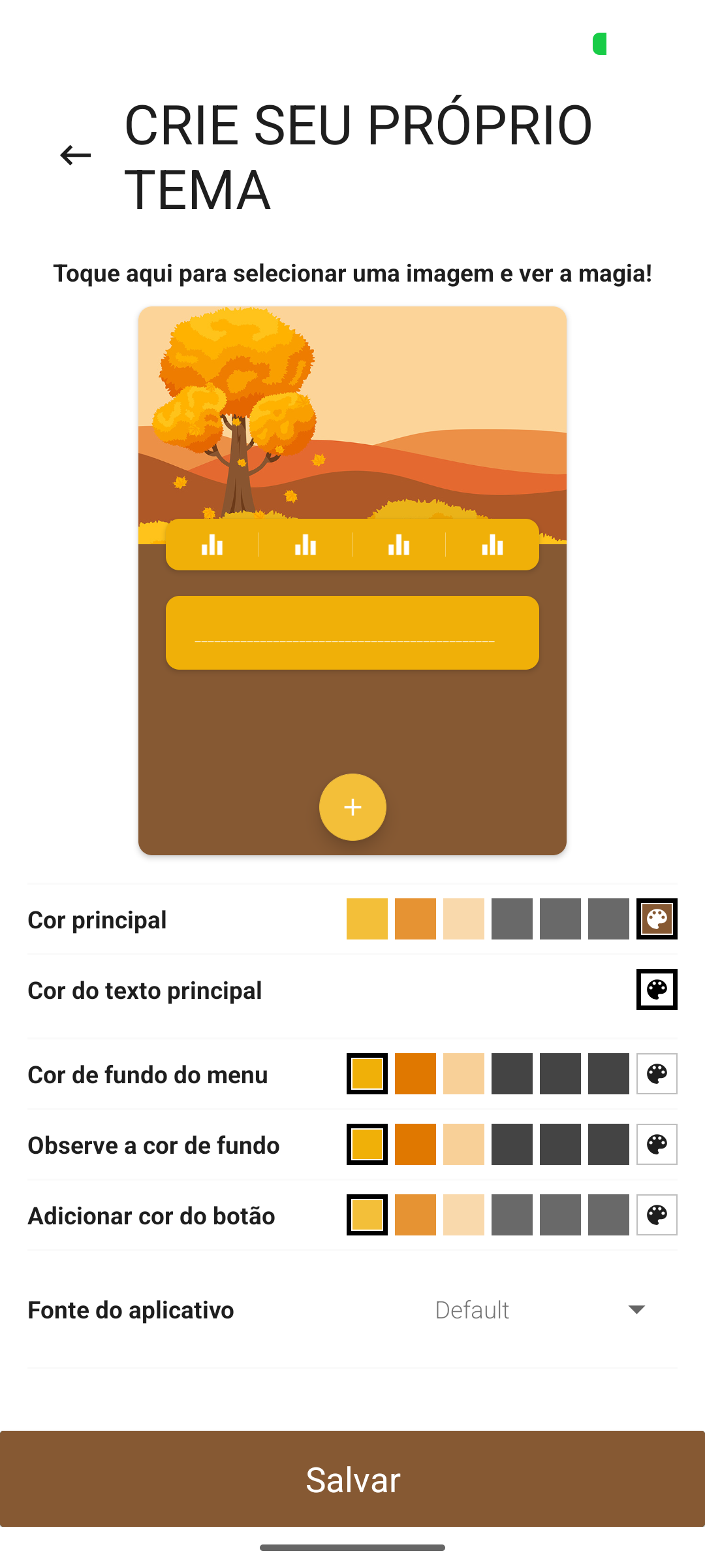 Tela para criar seu próprio tema