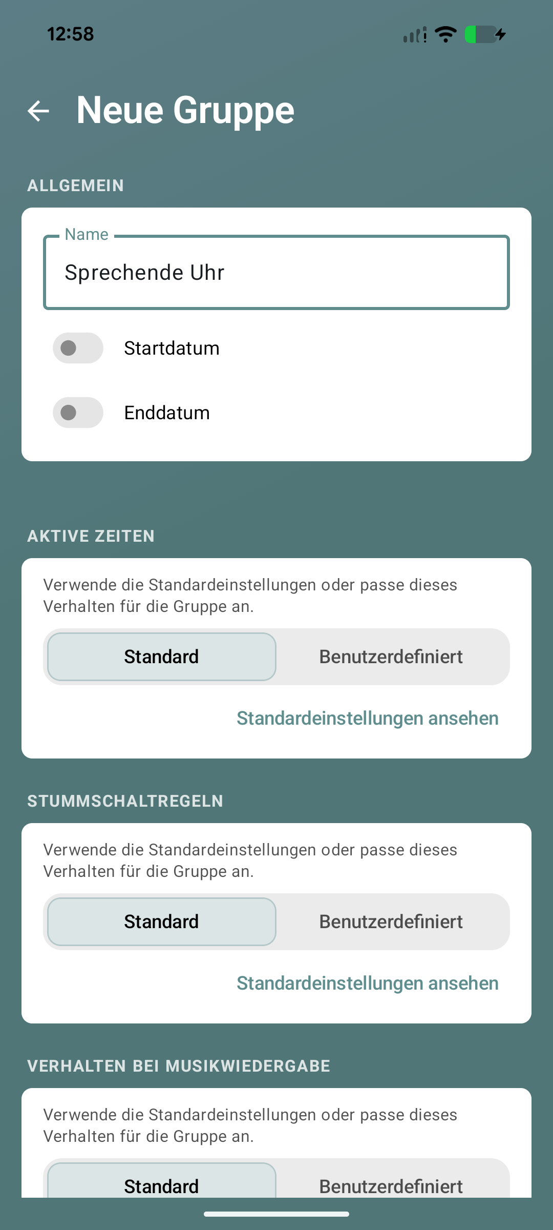 Bildschirm für die neue Gruppe Sprechende Uhr