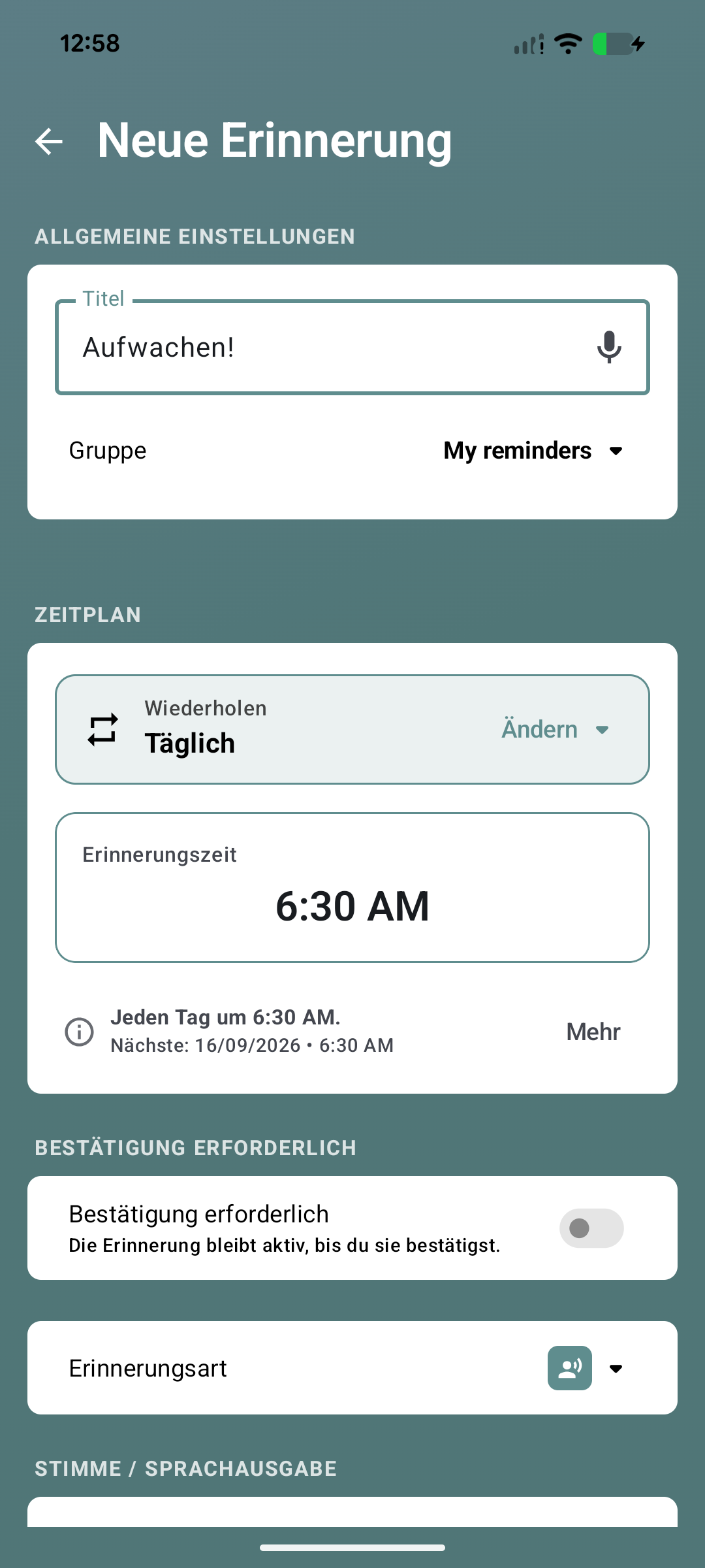 Neue Aufwachen-Erinnerung, täglich um 6:30 Uhr