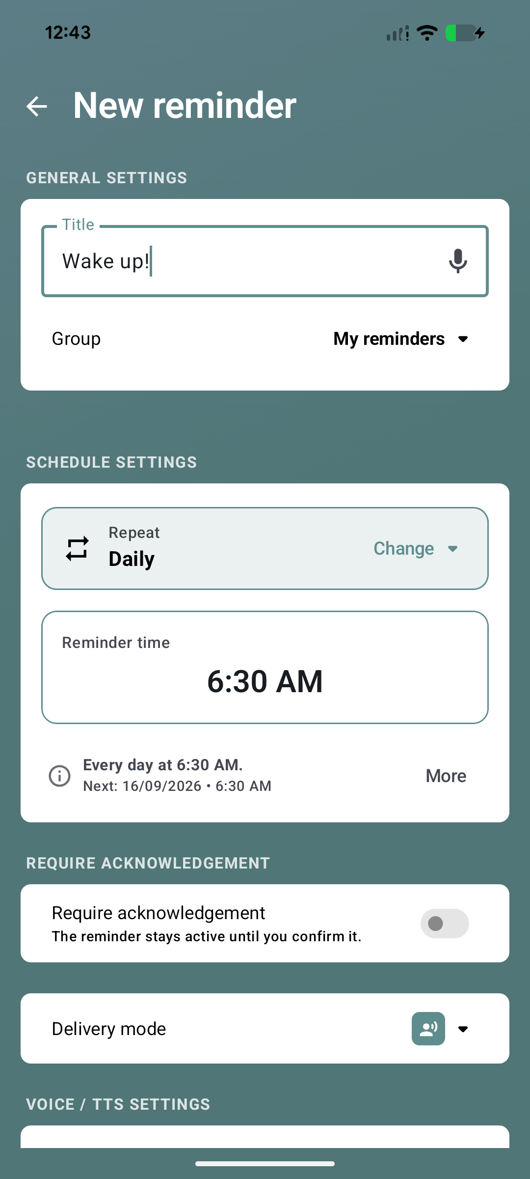 New Wake up reminder repeating daily at 6:30 AM