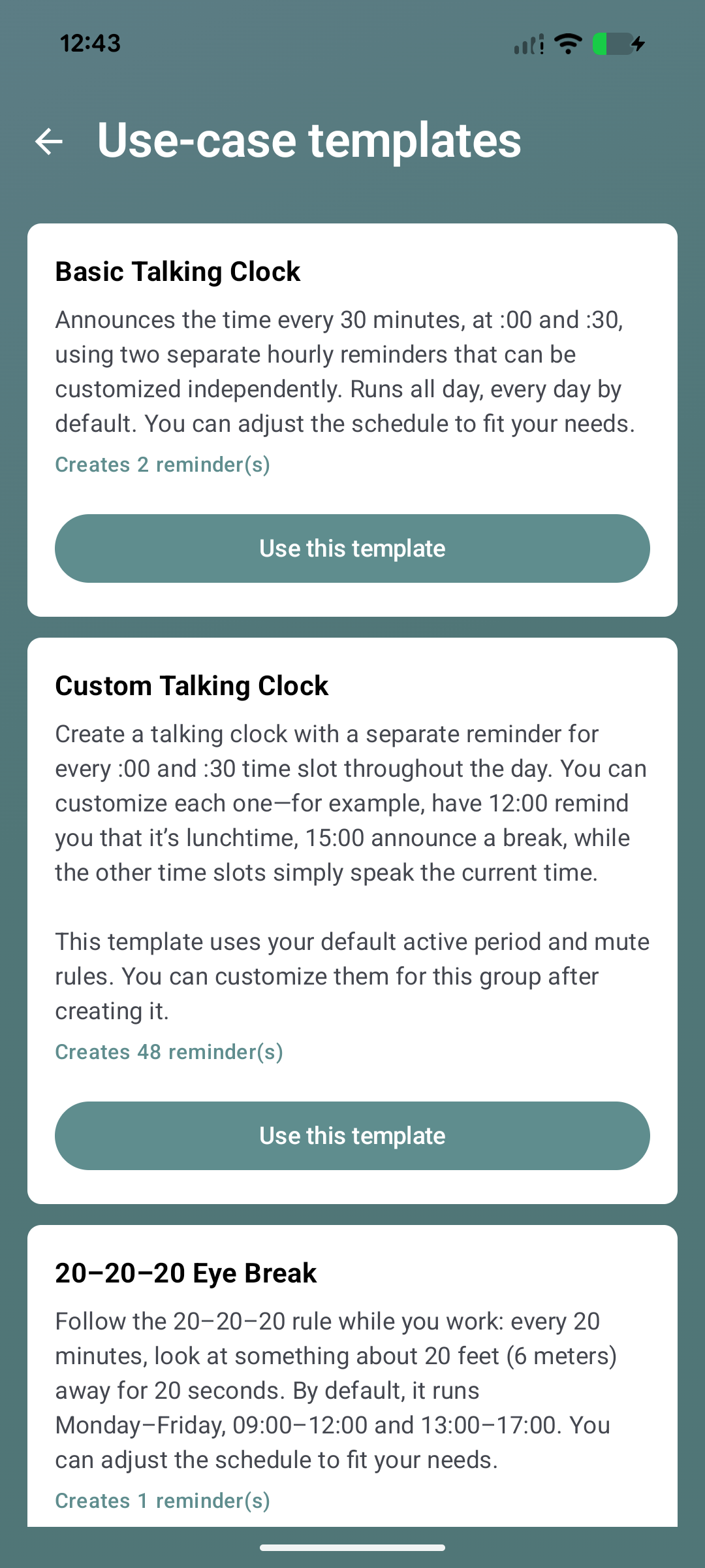 Voice Reminder use-case templates screen