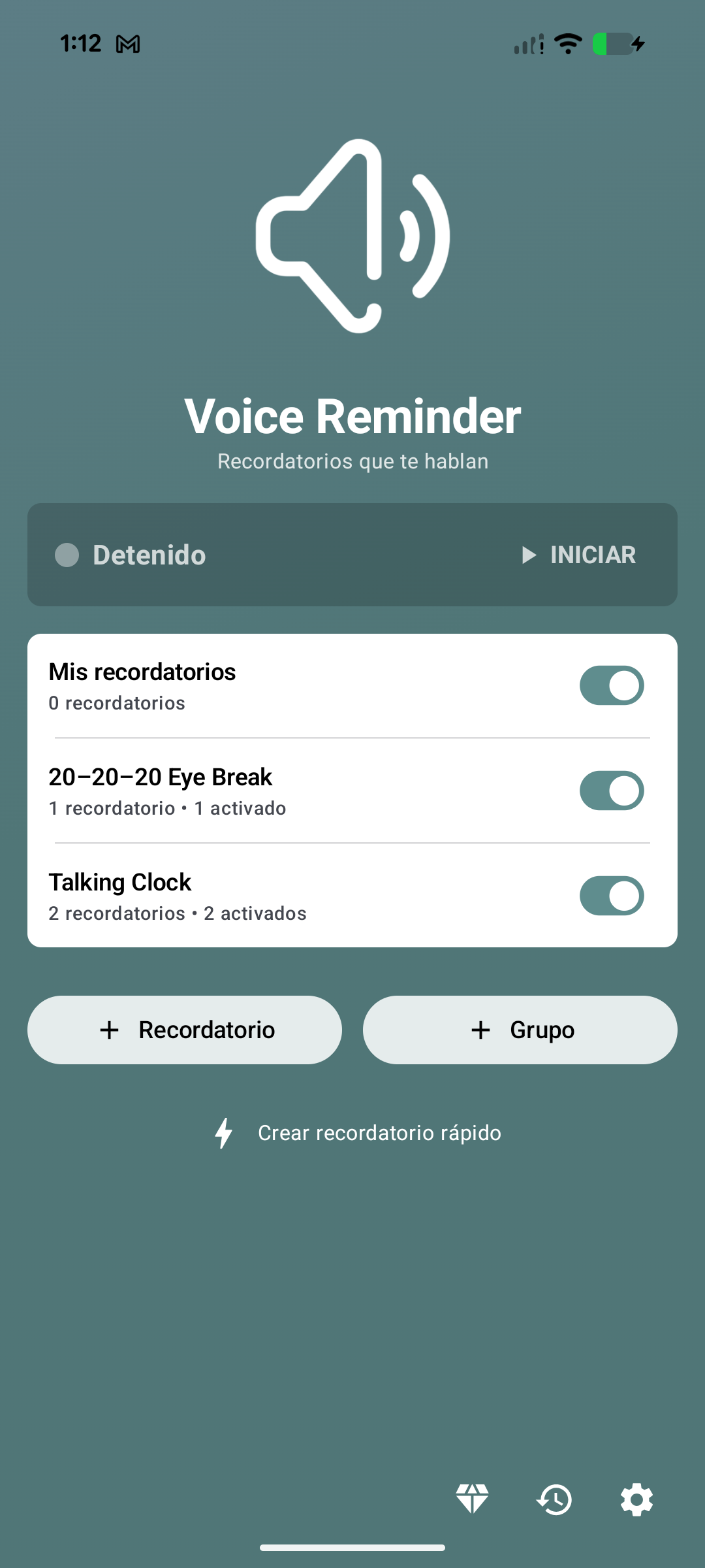 Pantalla de inicio de Voice Reminder