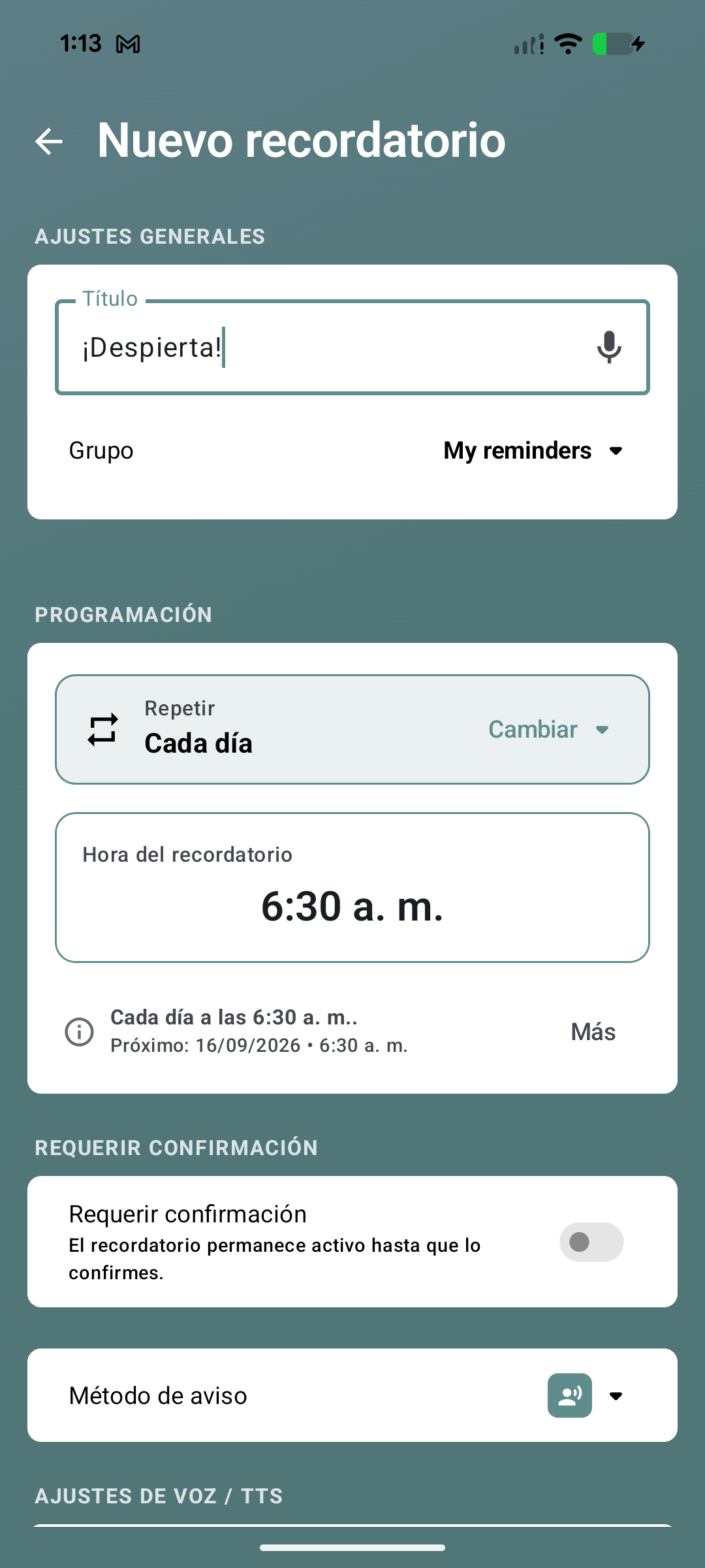 Nuevo recordatorio Despierta, cada día a las 6:30