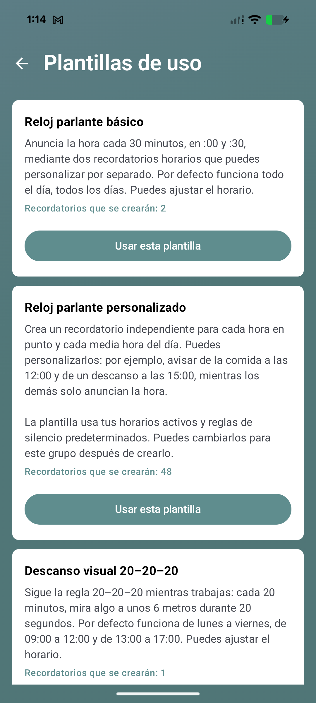 Pantalla de plantillas de uso de Voice Reminder