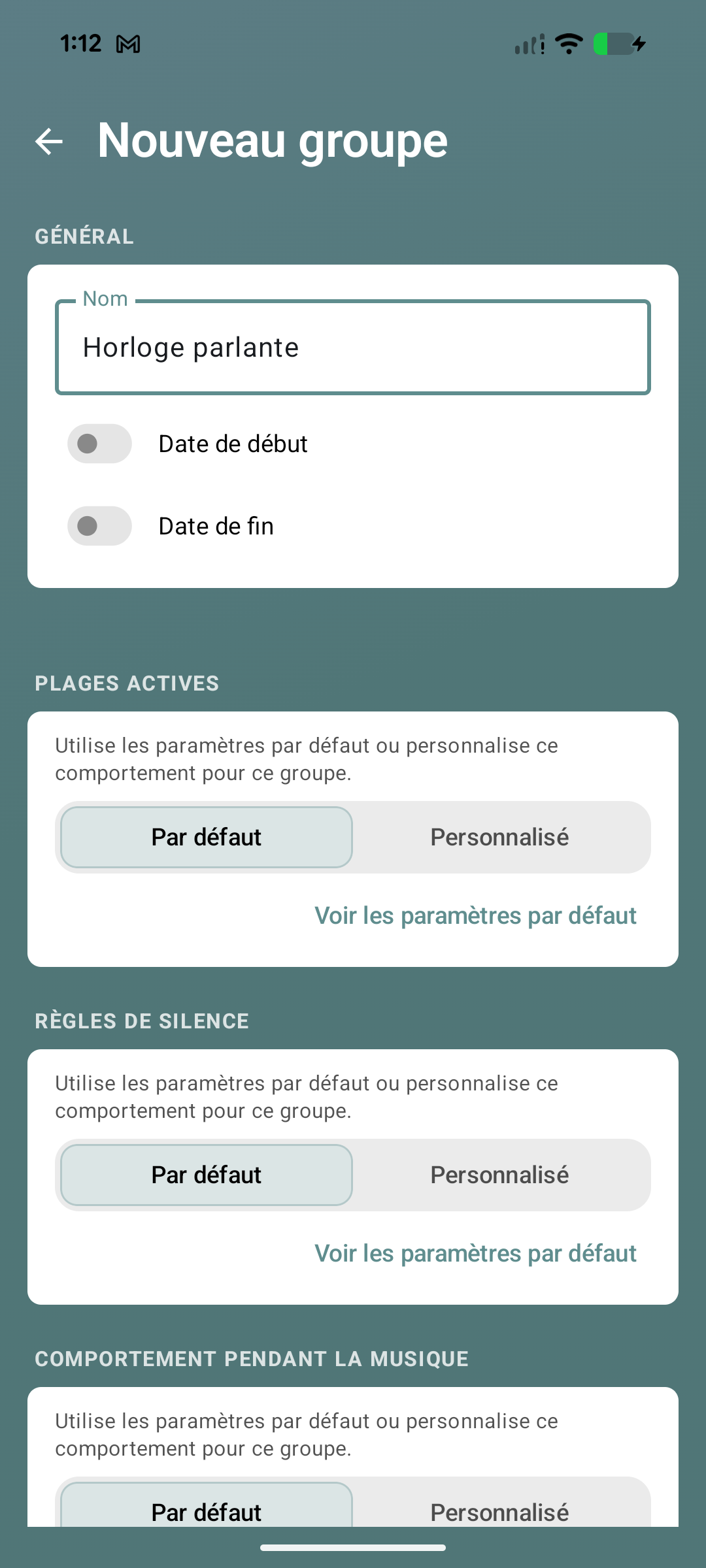 Écran de création du groupe Horloge parlante