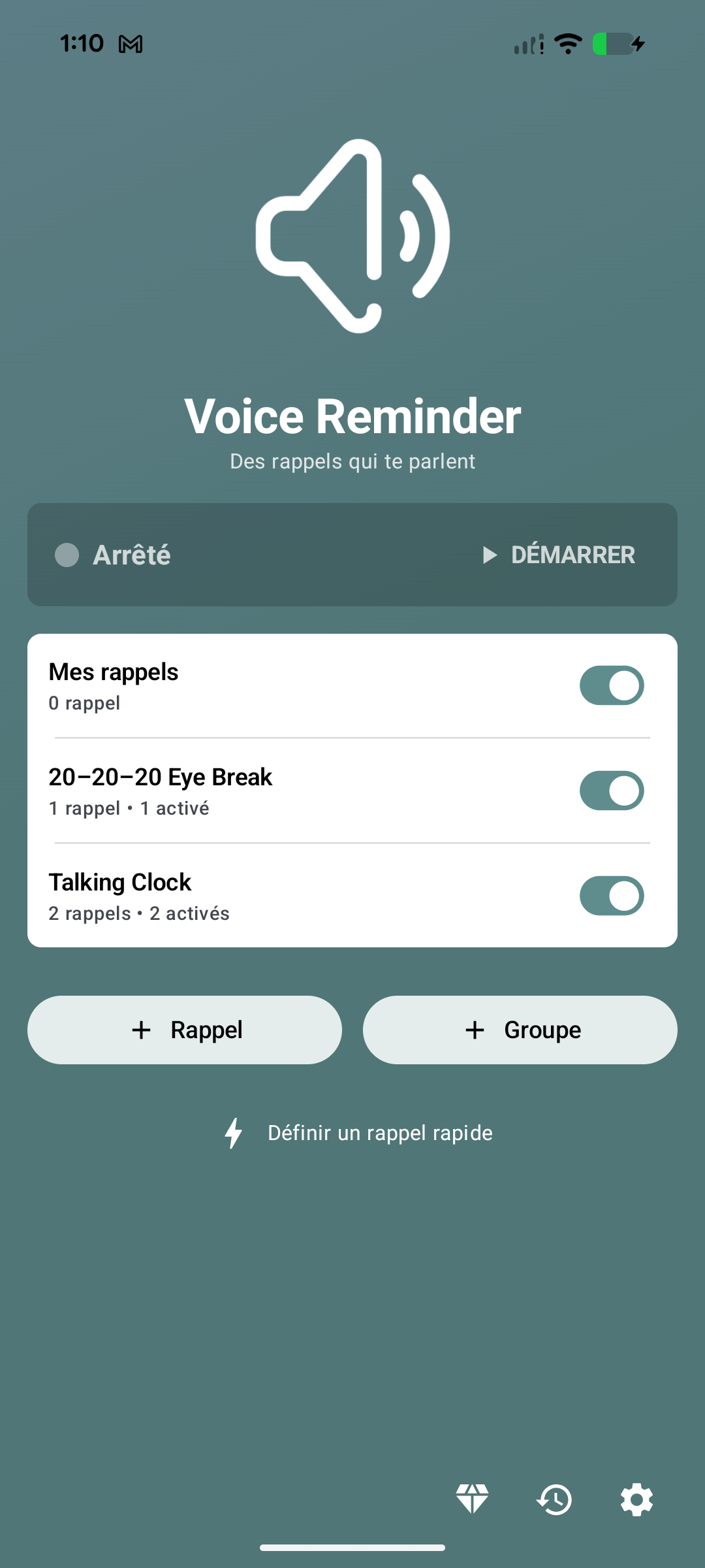 Écran d’accueil de Voice Reminder