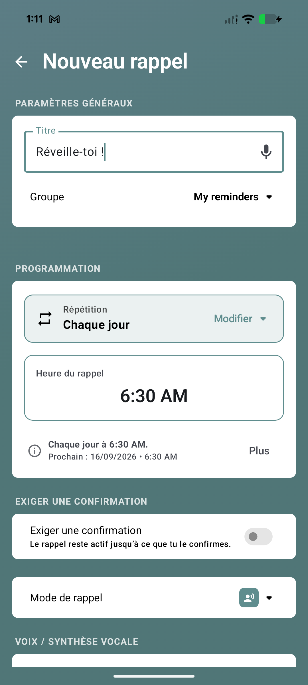 Nouveau rappel Réveille-toi, chaque jour à 6 h 30