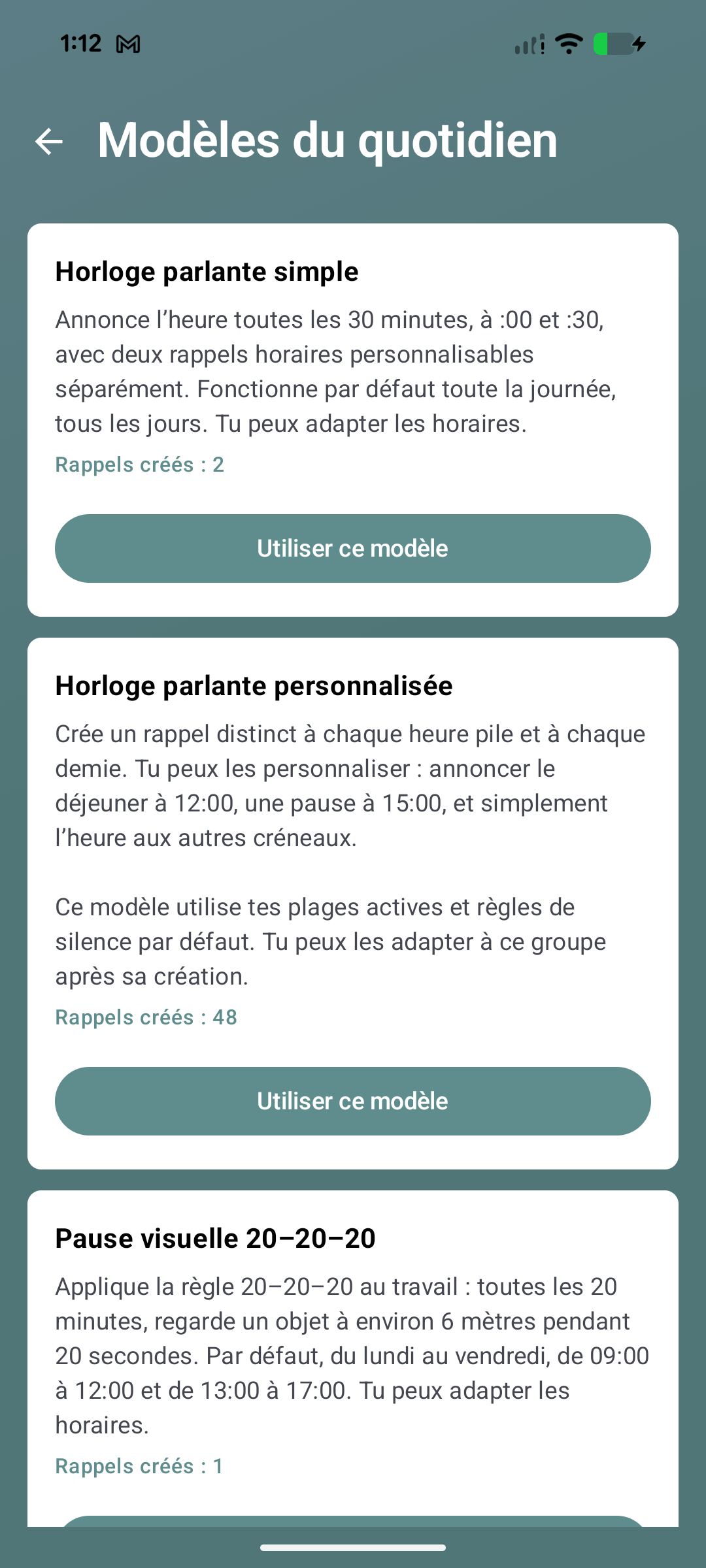 Écran des modèles du quotidien de Voice Reminder