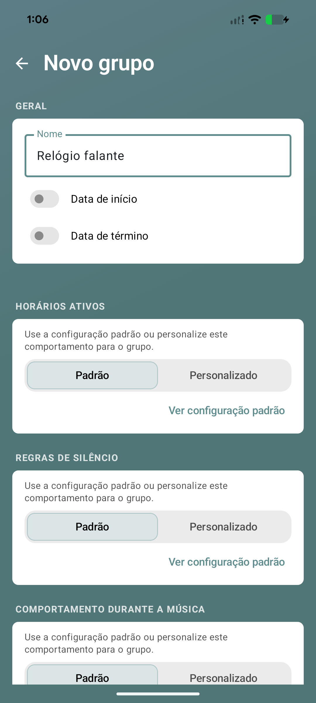 Tela de criação do grupo Relógio falante