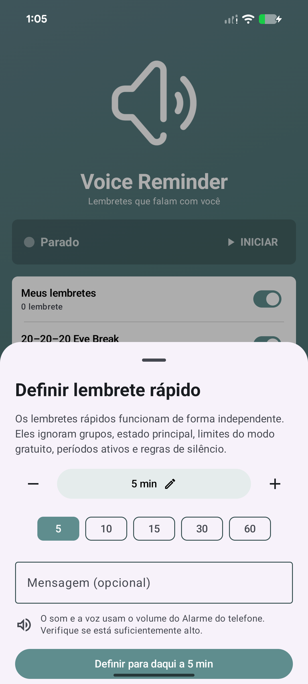 Tela de lembrete rápido