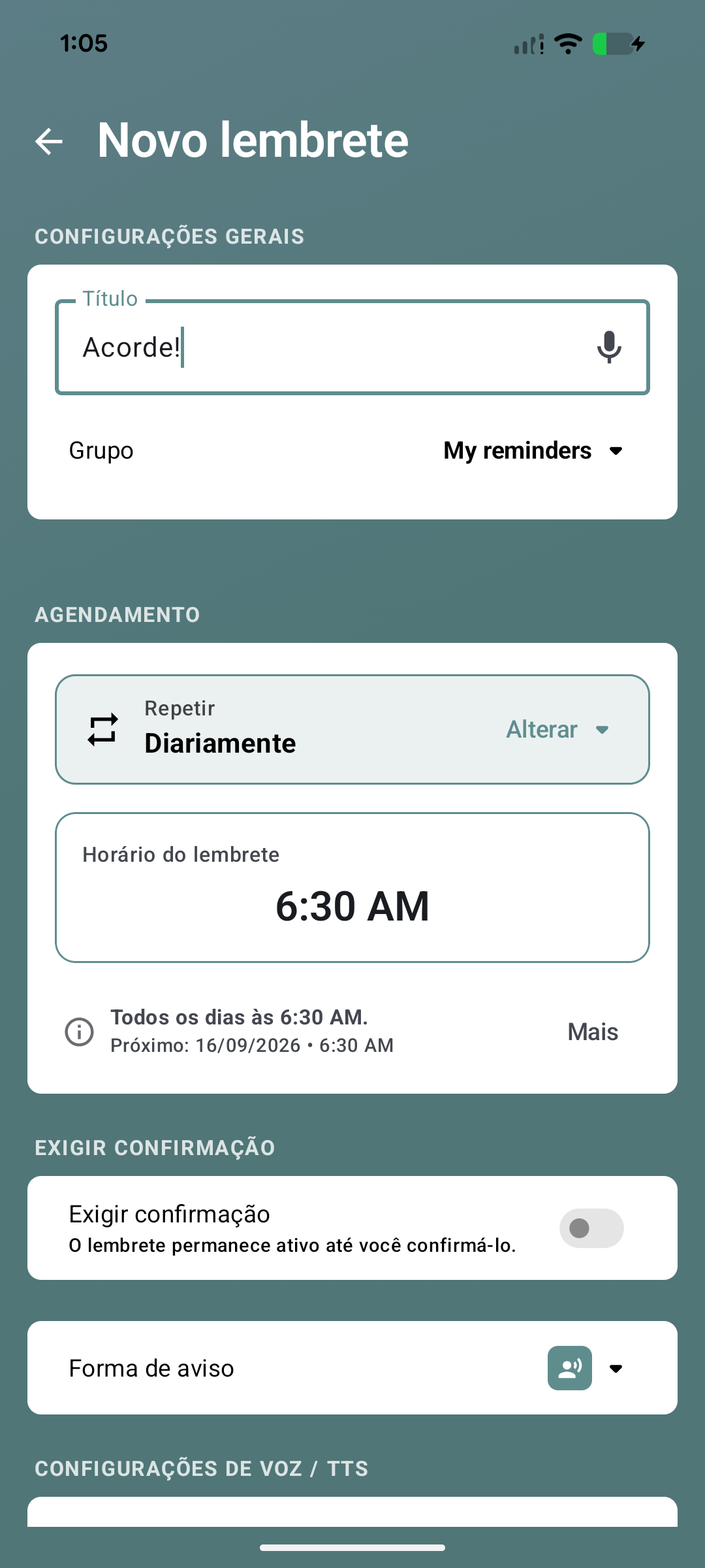 Novo lembrete Acorde, repetido diariamente às 6:30