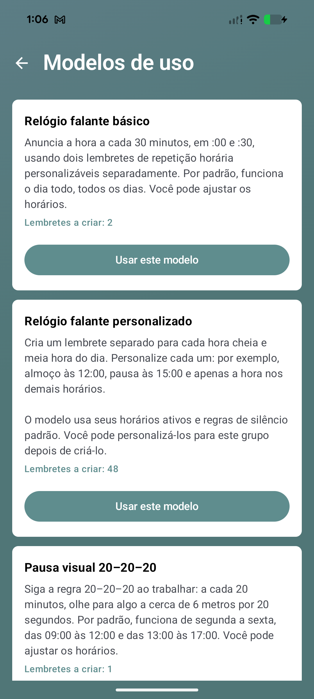 Tela de modelos de uso do Voice Reminder