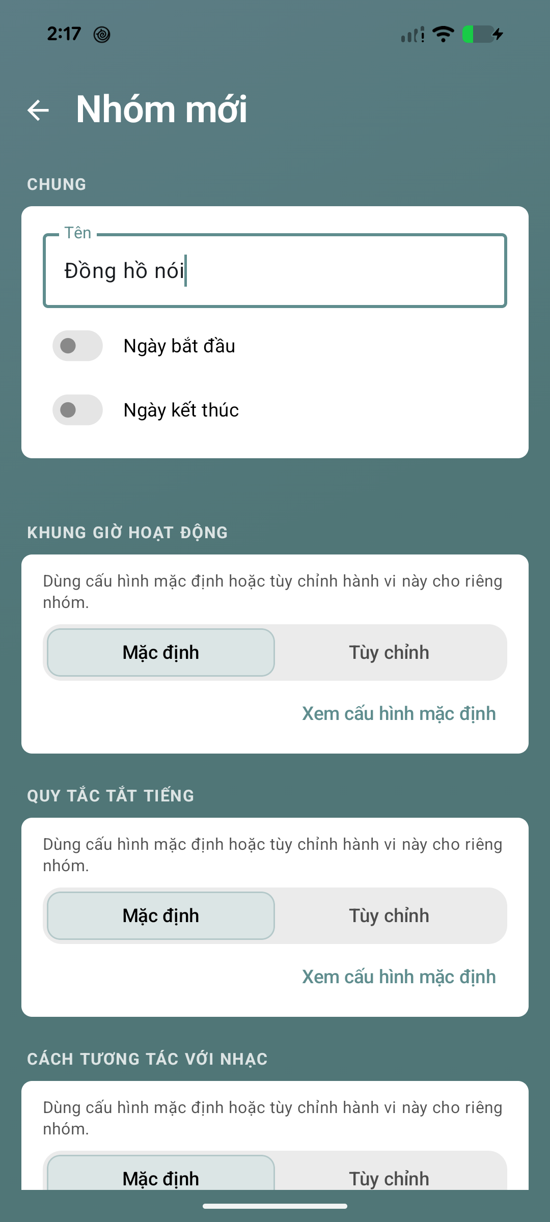 Màn hình tạo nhóm Đồng hồ nói