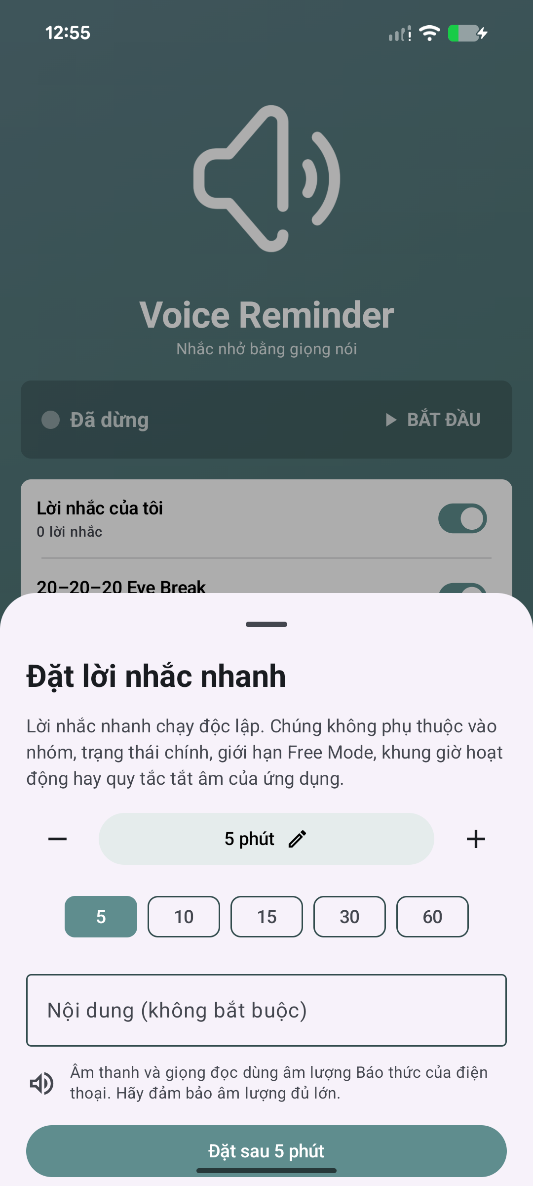 Màn hình đặt lời nhắc nhanh