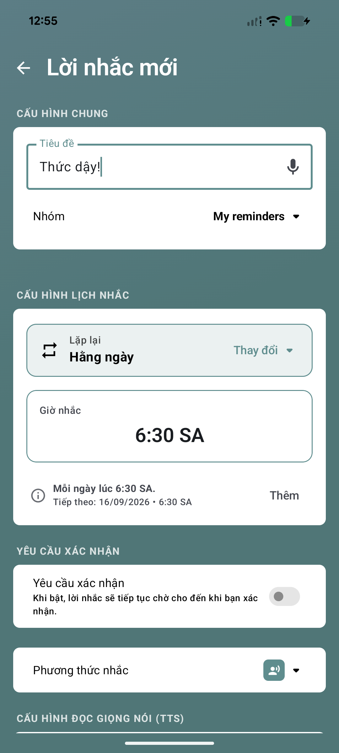 Lời nhắc Thức dậy mới, lặp hằng ngày lúc 6:30 sáng