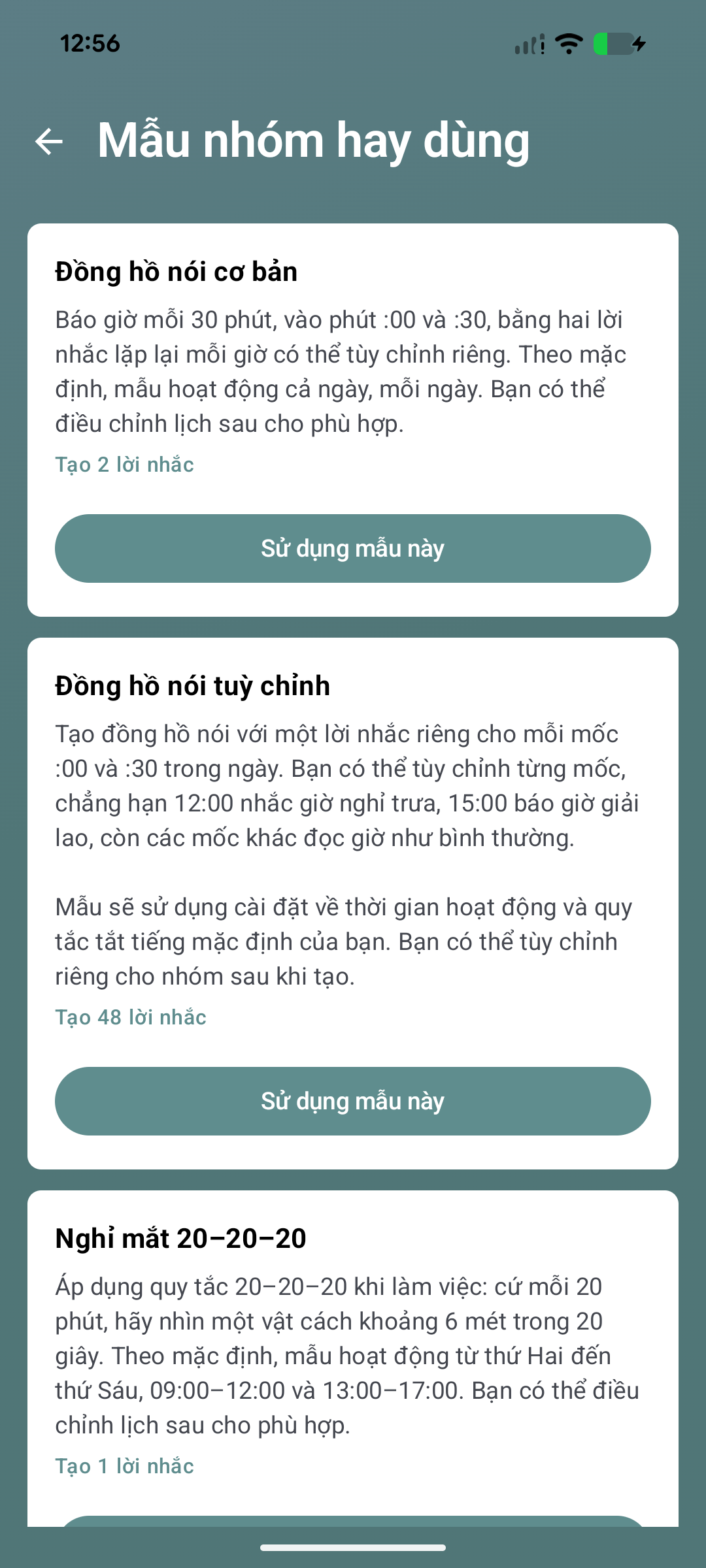 Màn hình mẫu nhóm hay dùng của Voice Reminder